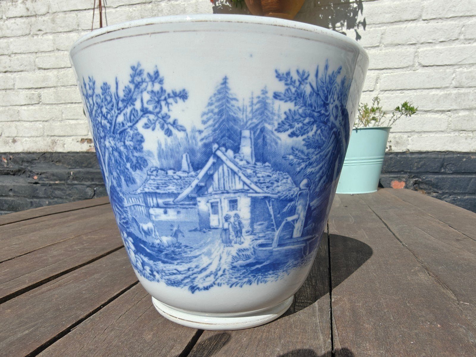 Blauw bloempot Regout&co Maastricht 15 cm, Ophalen, Rond, Aardewerk, Minder dan 40 cm