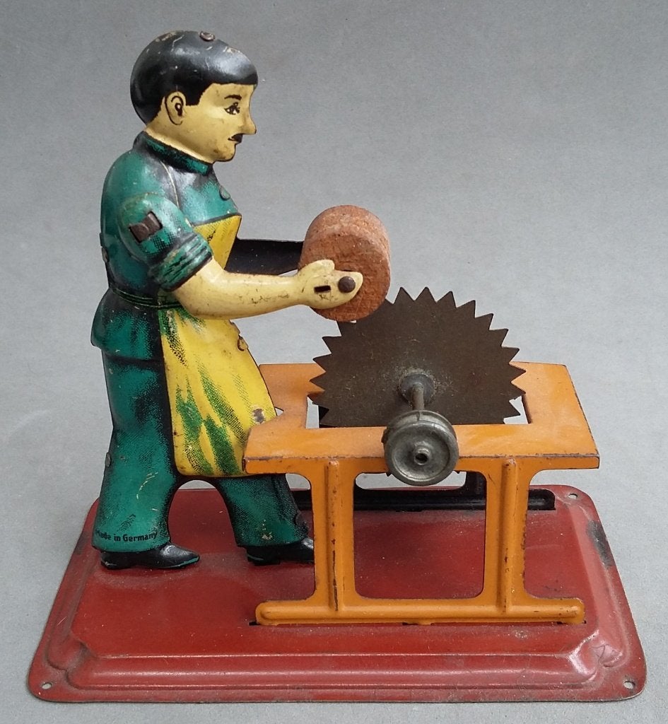 Jaren 30-40 Stoommachine Speelgoed Houtzager Figuur Man Blik, Ophalen of Verzenden