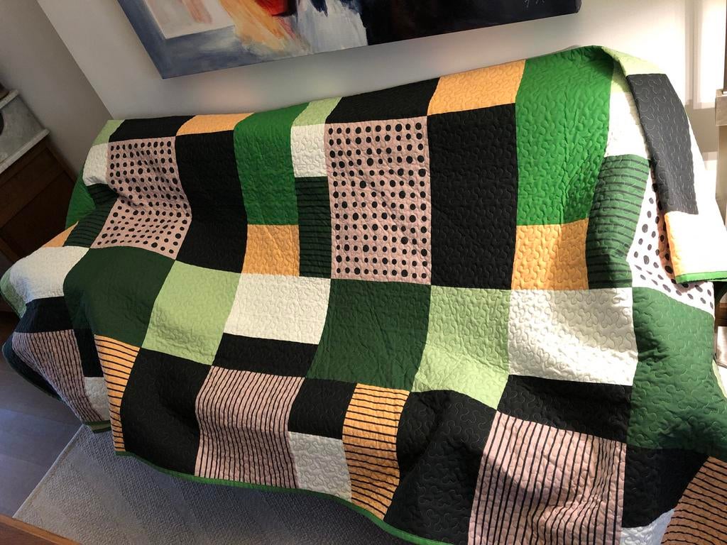 Modern Patchwork Quilt / Sprei - Groen, Zwart, Roze, Ophalen of Verzenden, Zo goed als nieuw