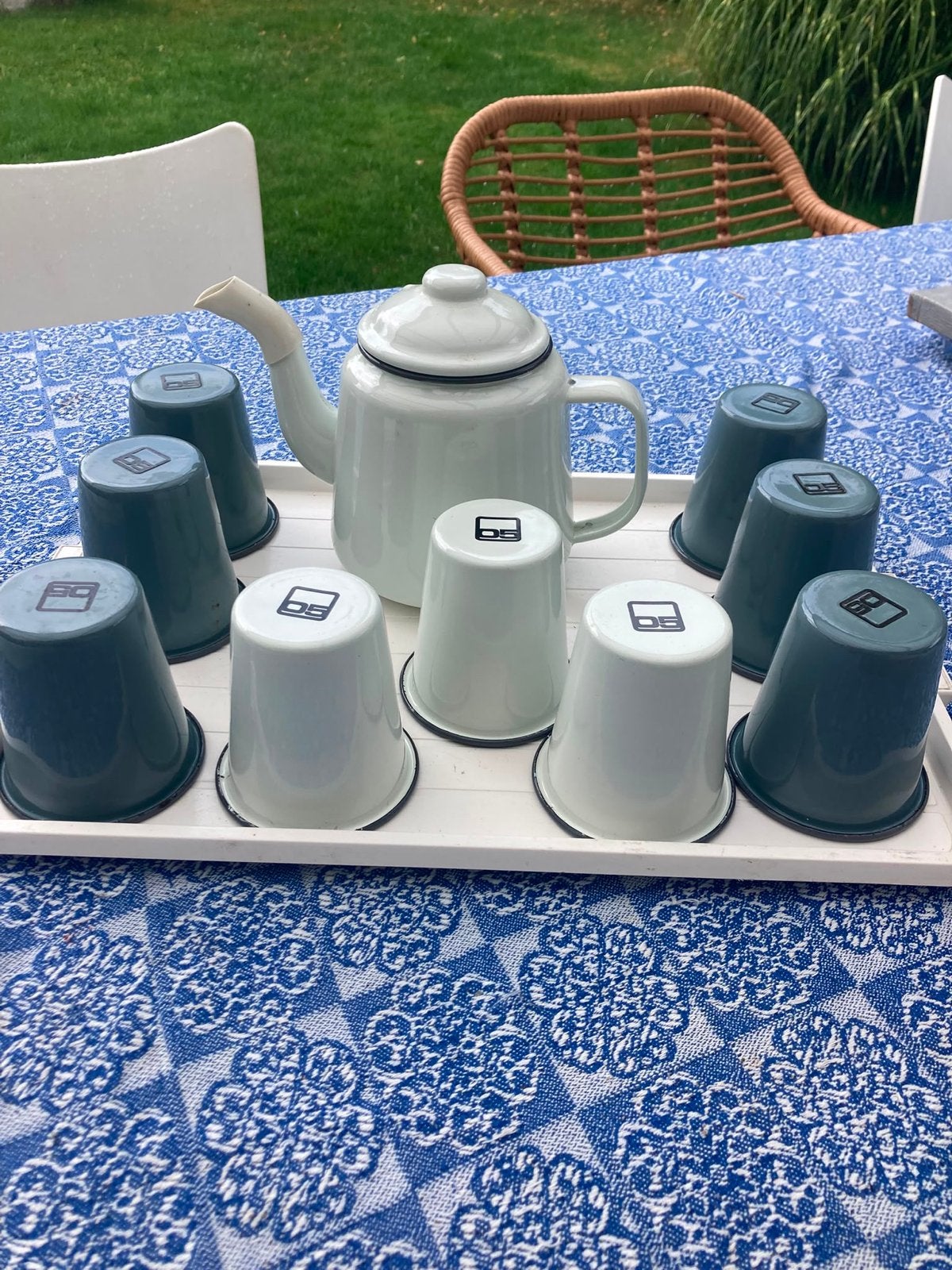 Emaille theeservies Loods 5 met waterkoker - Vintage, Antiek en Kunst, Antiek | Emaille, Ophalen