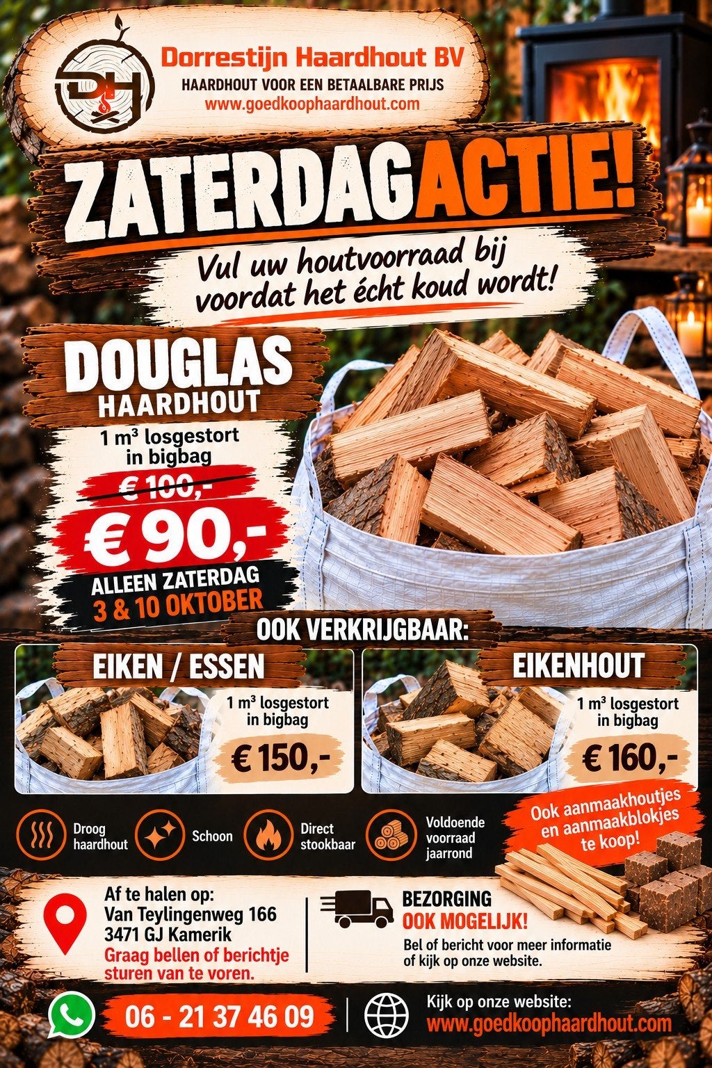 haardhout brandhout kachelhout actie 3 & 10 oktober 🔥🔥, Tuin en Terras, 6 m³ of meer, Ophalen of Verzenden, Blokken