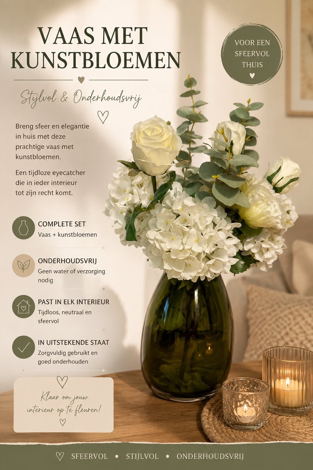 Stijlvolle Vaas met Kunstbloemen - Wit & Groen, Huis en Inrichting, Woonaccessoires | Vazen, Zo goed als nieuw, Wit, Glas, Inclusief droogbloemen