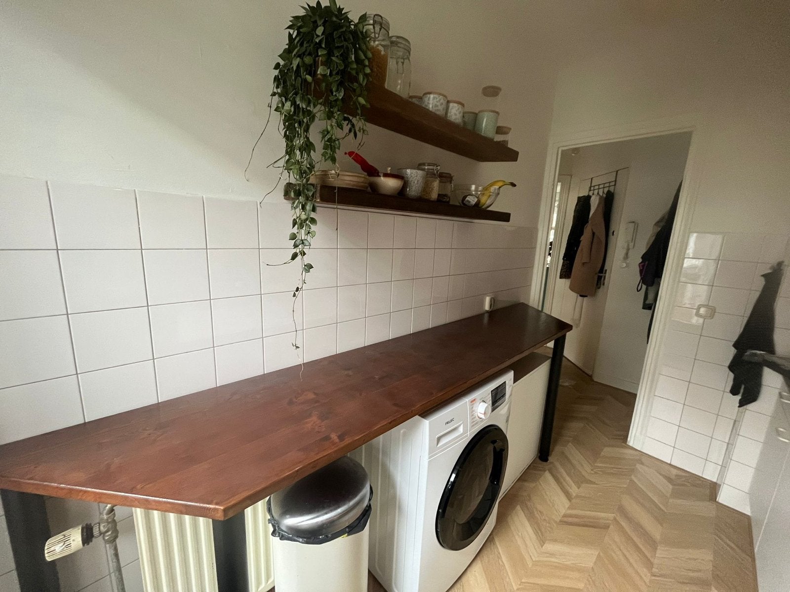 Zelfgemaakt keukentafel/blad van vurenhout met verstelbare p, Ophalen, Hout, Bruin, Overige typen