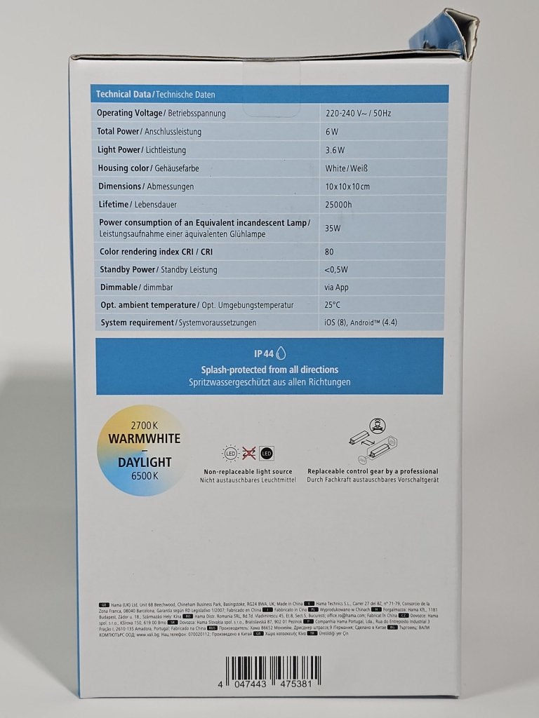 Hama Wifi LED Wandlamp voor Binnen en Buiten | Nieuw, 30 tot 60 watt, Led-lamp, Info.nl@hama.com, Nieuw