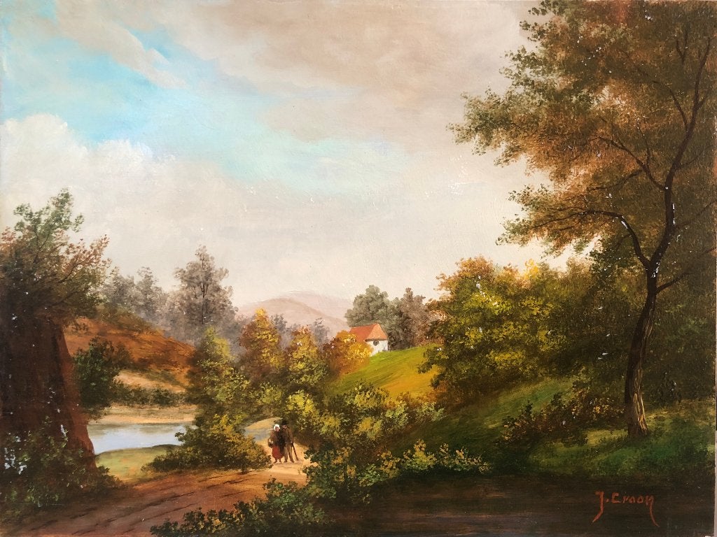 J. Croon Schilderij 'Romatisch landschap met wandelaars', Ophalen of Verzenden