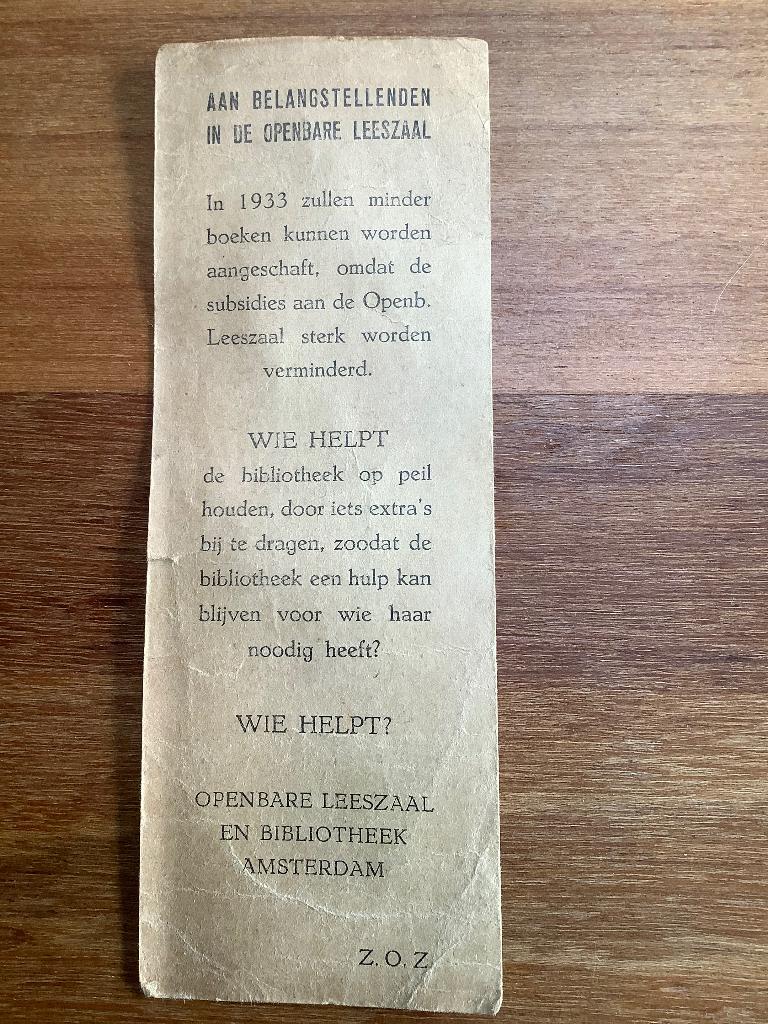 Amsterdam, boekenlegger 1933 verzoek hulp vanwege crisistijd, Verzamelen, Boekenleggers, Ophalen of Verzenden, Gebruikt, Reclame