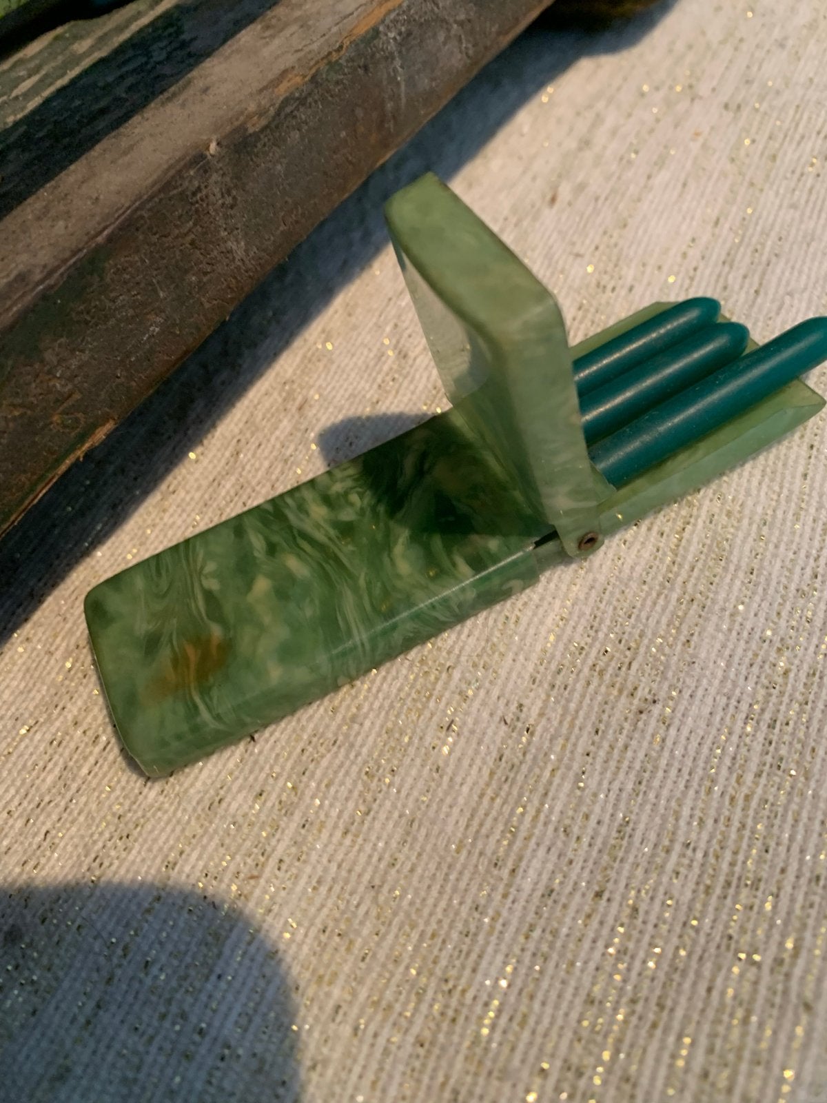 Art Deco Celluloid Nagelsetje in Groen Marmerlook, Antiek en Kunst, Curiosa en Brocante, Ophalen of Verzenden