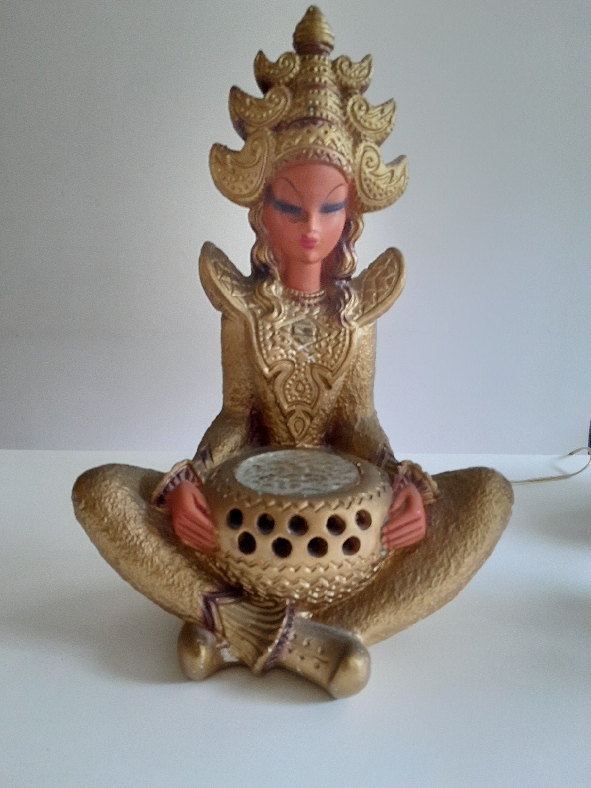 vintage "Thai/Balinese Goddess" tafellamp, Ophalen, Goud, Overige materialen, Versierd