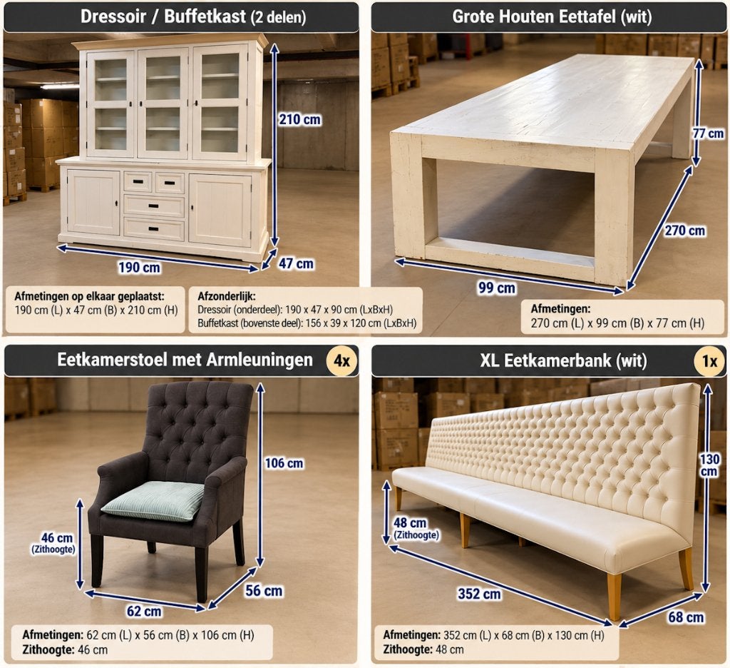 Foto 4 van Complete XL Eetkamerset: Tafel, Bank, Buffetkast & 4 Stoelen