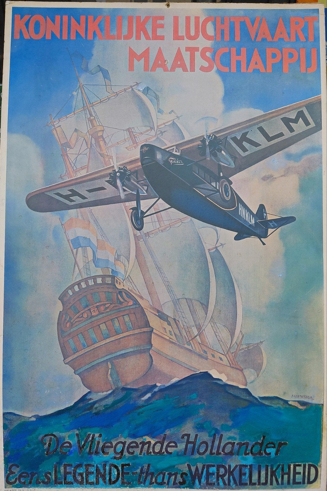 Vintage KLM poster Viegende Hollander, Verzamelen, Ophalen, Gebruikt, Kaart, Foto of Prent
