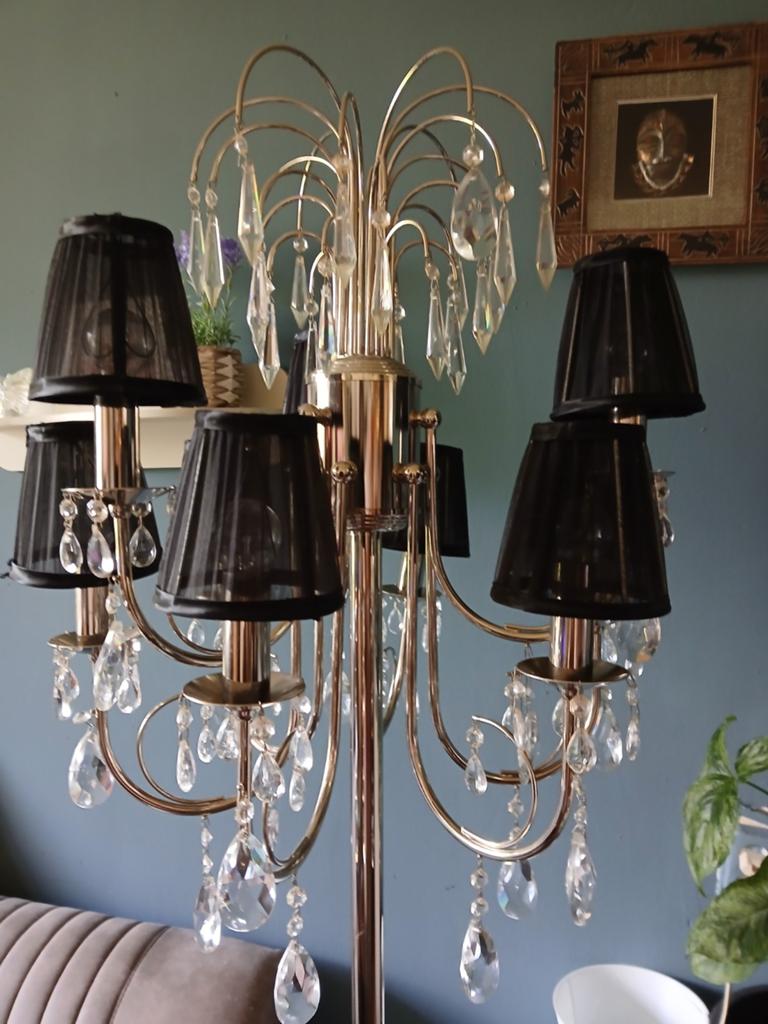 Elegante staande lamp met kristallen en zwarte kappen, Ophalen of Verzenden