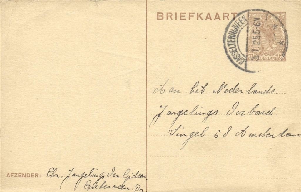 Chr. Jongelings Ver. Gideon, Gieterveen - 01.1925 - briefkaa, Ophalen of Verzenden, Briefkaart