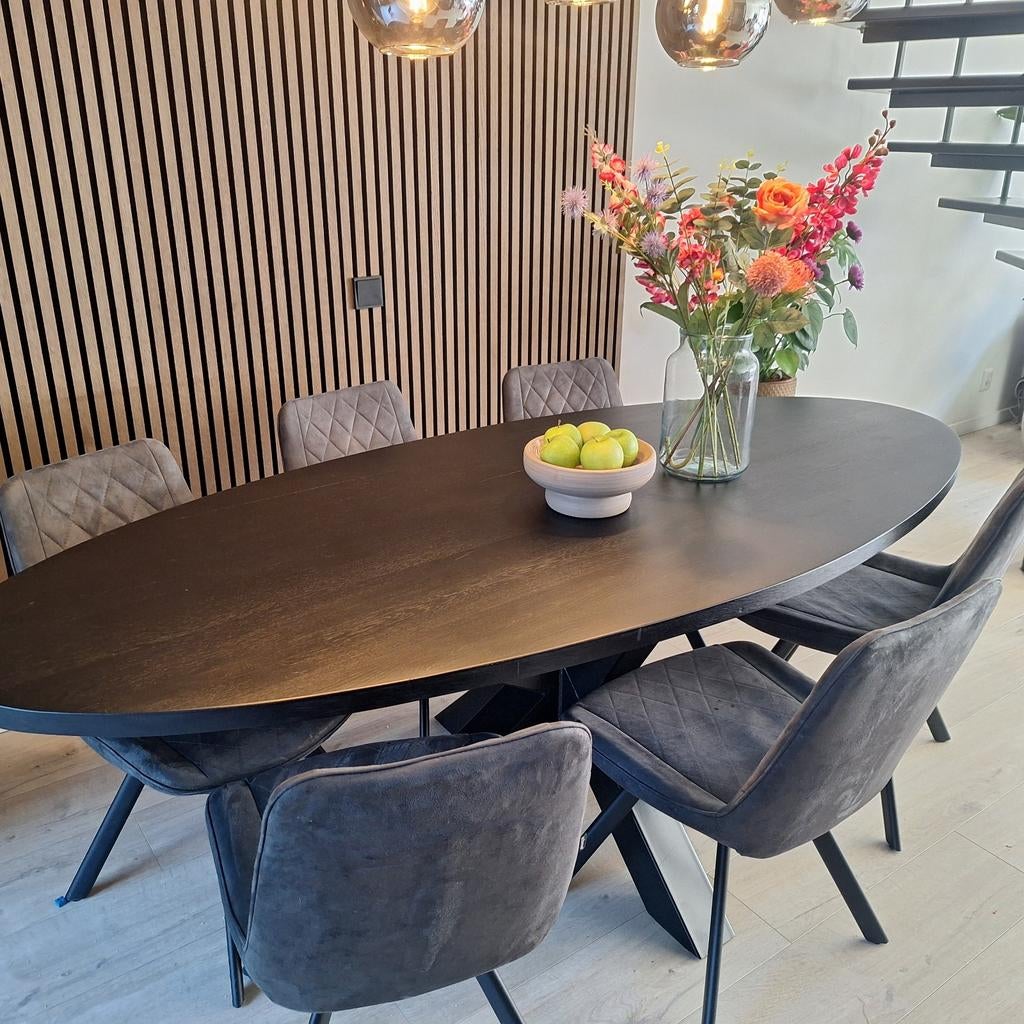 6 eetkamerstoelen van Den Bommel, Huis en Inrichting, Ophalen, Gebruikt, Stof, Grijs