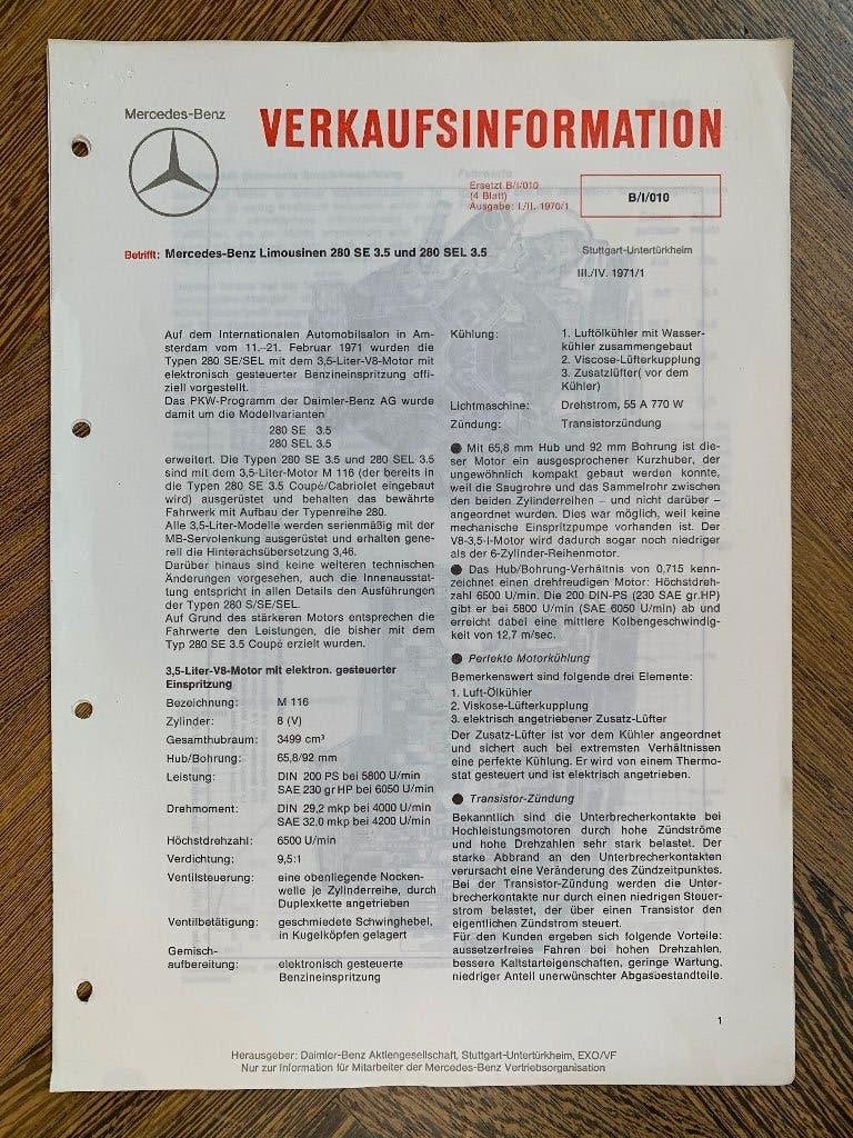 Product info Mercedes-Benz S-klasse W108 280 SE 3.5 1971, Boeken, Auto's | Folders en Tijdschriften, Zo goed als nieuw, Mercedes-Benz