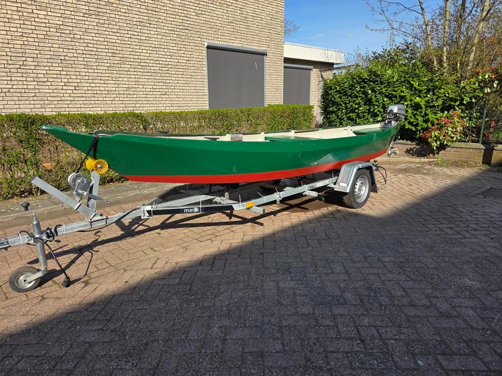 Motorboot punter, Honda 5pk, fluistermotor, Martz trailer, Ophalen, Gebruikt