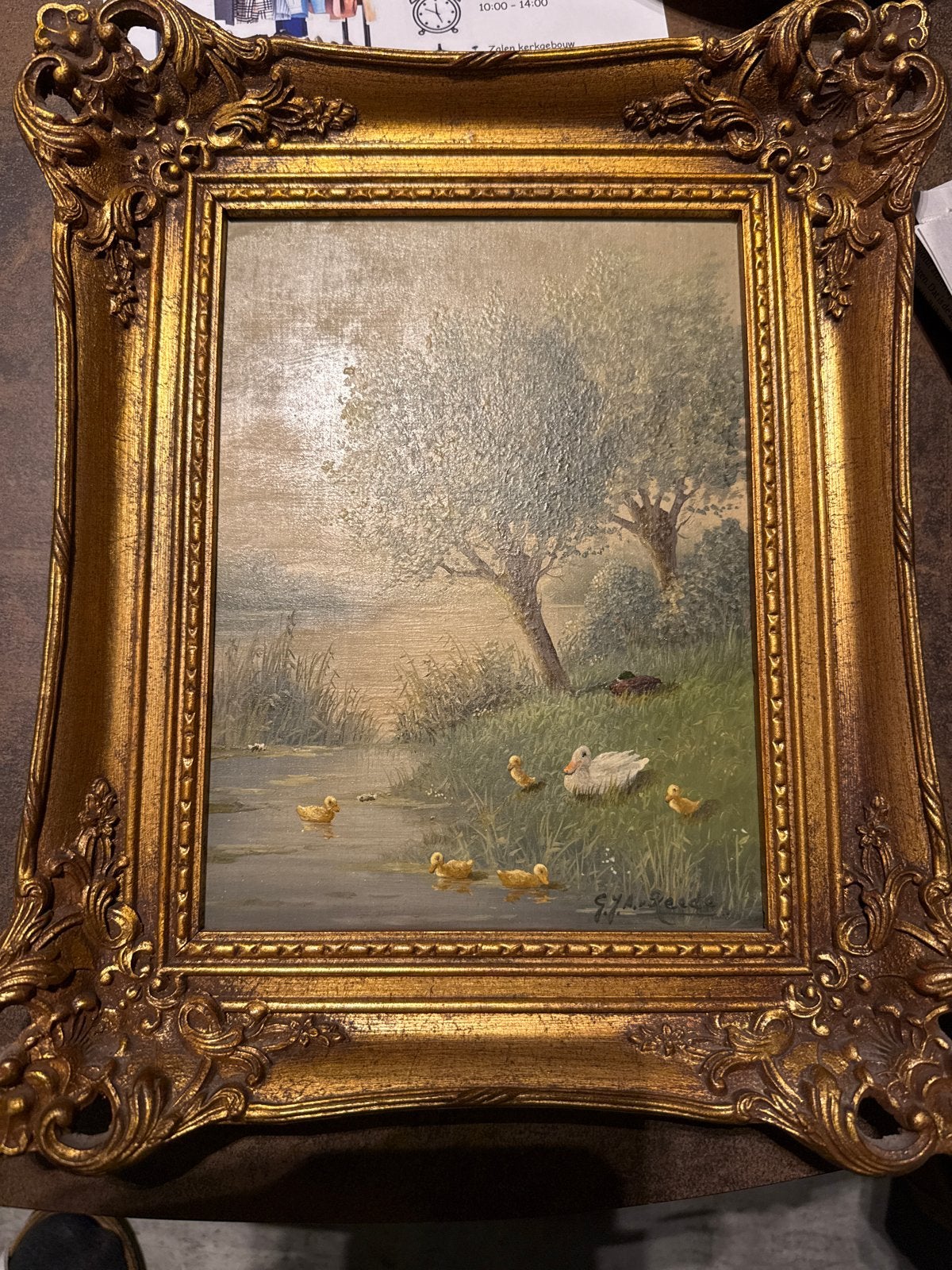 Schilderij met eendenfamilie aan het water - Met echtheidsce, Doek, Dieren, Ophalen of Verzenden, Olieverf