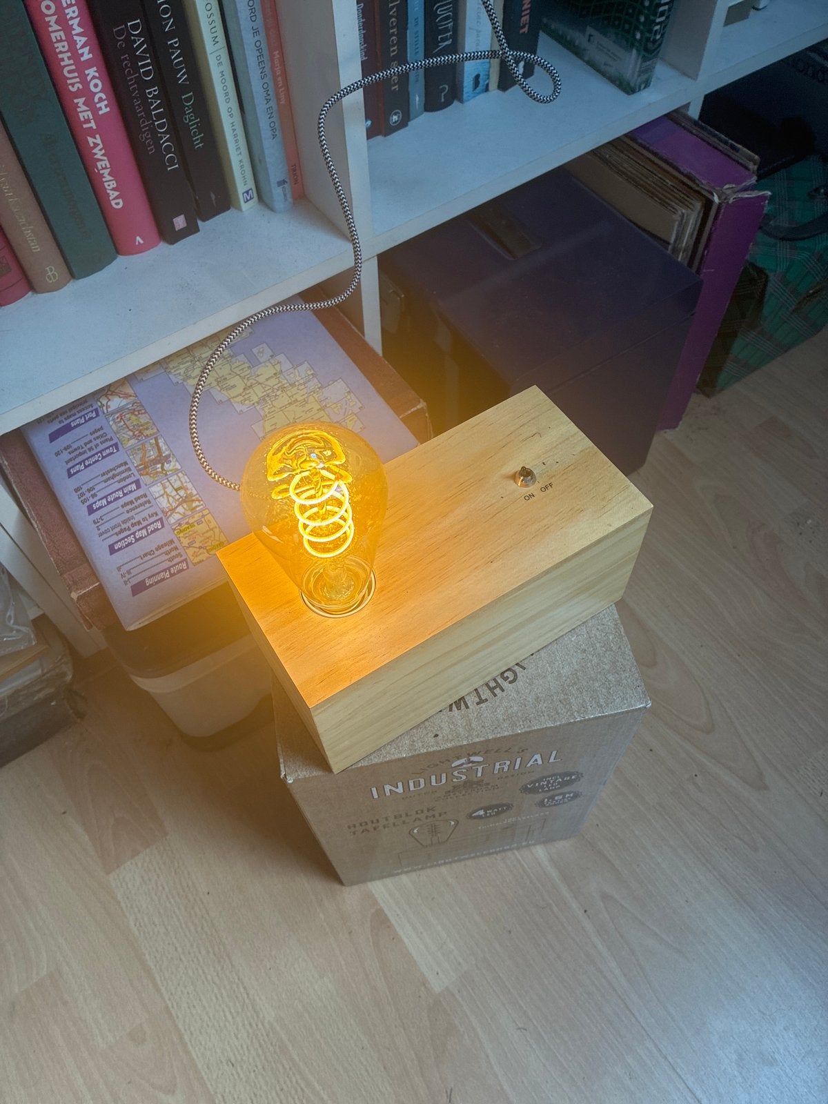 Lightwell's Industrial Houtblok Tafellamp met Vintage LED, Ophalen, Overige merken, E27 (groot), Zo goed als nieuw