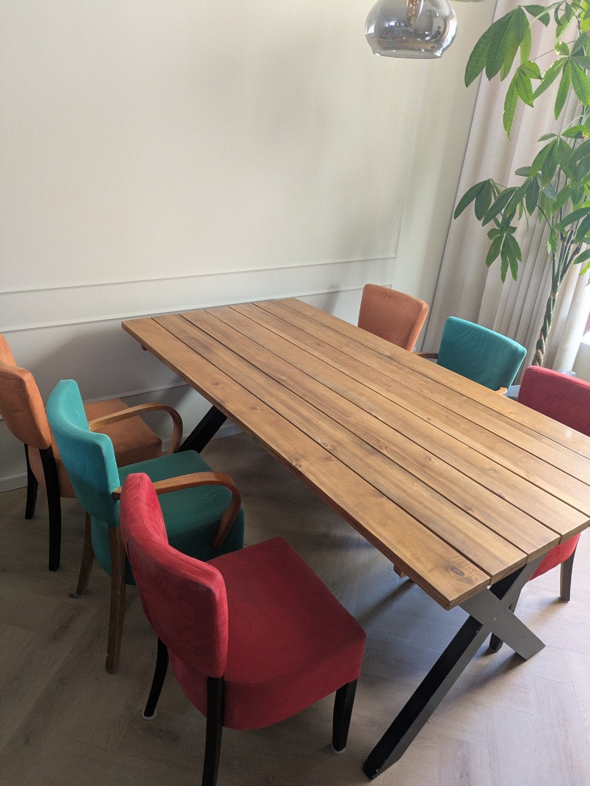 Eetkamerstoelen in kleur met suède bekleding 6x, Ophalen, Gebruikt, Overige kleuren, Stof