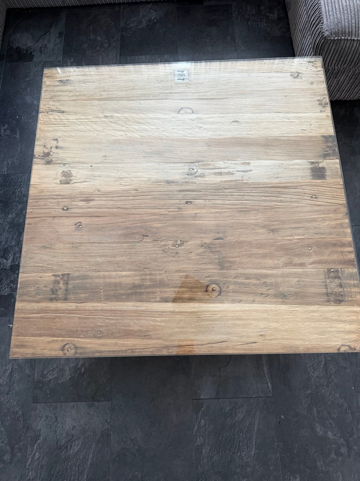 Salontafel met glazen blad en houten onderstel, Ophalen, Gebruikt, 50 tot 100 cm, Vierkant