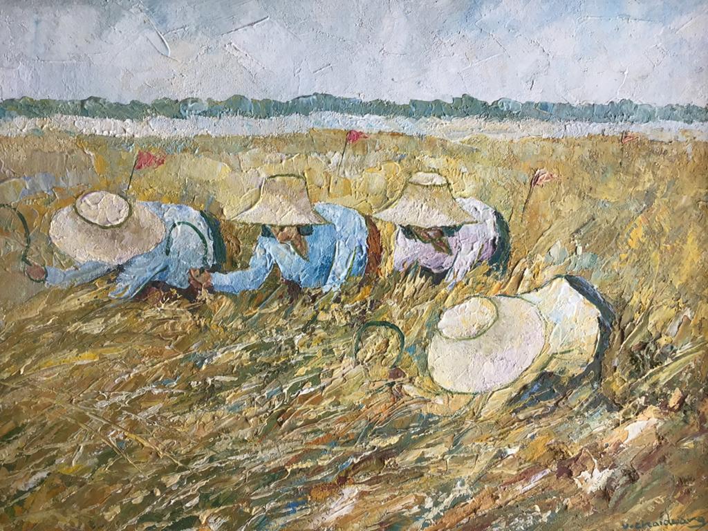 Thaise kunstenaar V. Chaiduang: ‘De Rijstoogst’., Antiek en Kunst, Kunst | Schilderijen | Klassiek, Ophalen of Verzenden