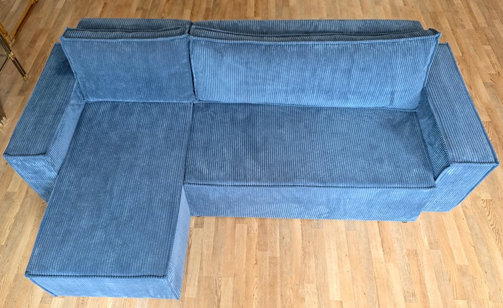 Blauwe, Ribstof Zitbank/ Slaapbank (merk; Vente Unique), Ophalen, Modern Retro, Hoekbank, Driepersoons