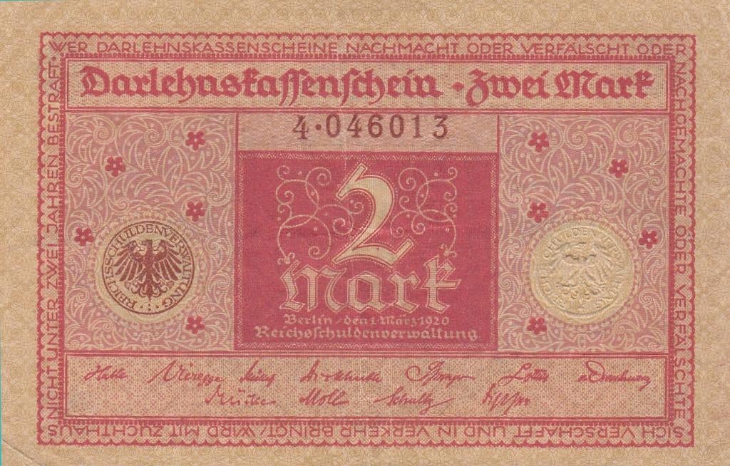 Duitsland bankbiljet 2 Mark 1.3.1920, Pick 59 gebruikt, Postzegels en Munten, Bankbiljetten | Europa | Niet-Eurobiljetten, Ophalen of Verzenden