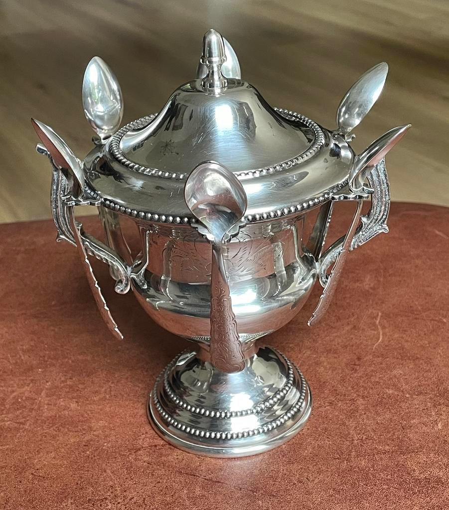 Verzilverde suikerpot met 6 lepeltjes, Ophalen of Verzenden, Zilver