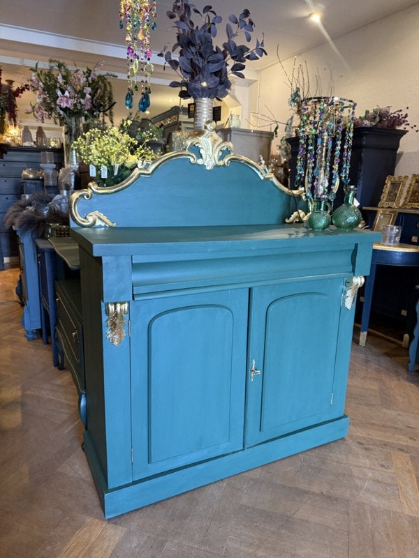 Antiek klein dressoir, vintage kast, oud buffet kastje VdlM, Ophalen, 100 tot 150 cm, 1 of 2 laden, 100 tot 150 cm