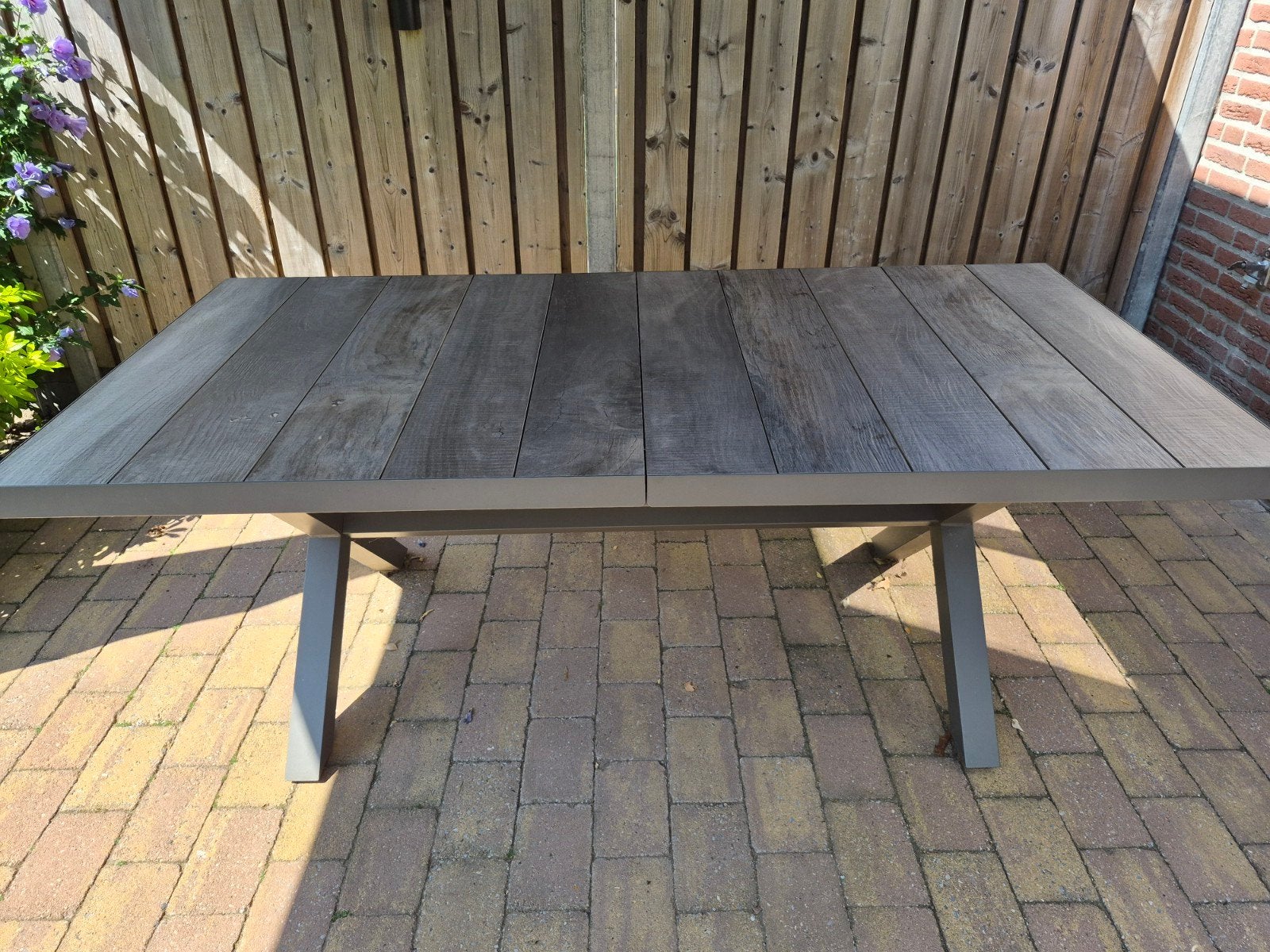 Tuintafel (ottowa) uitschuifbaar 205/265 x 100 nieuwstaat, Tuin en Terras, Ophalen, Zo goed als nieuw, Rechthoekig