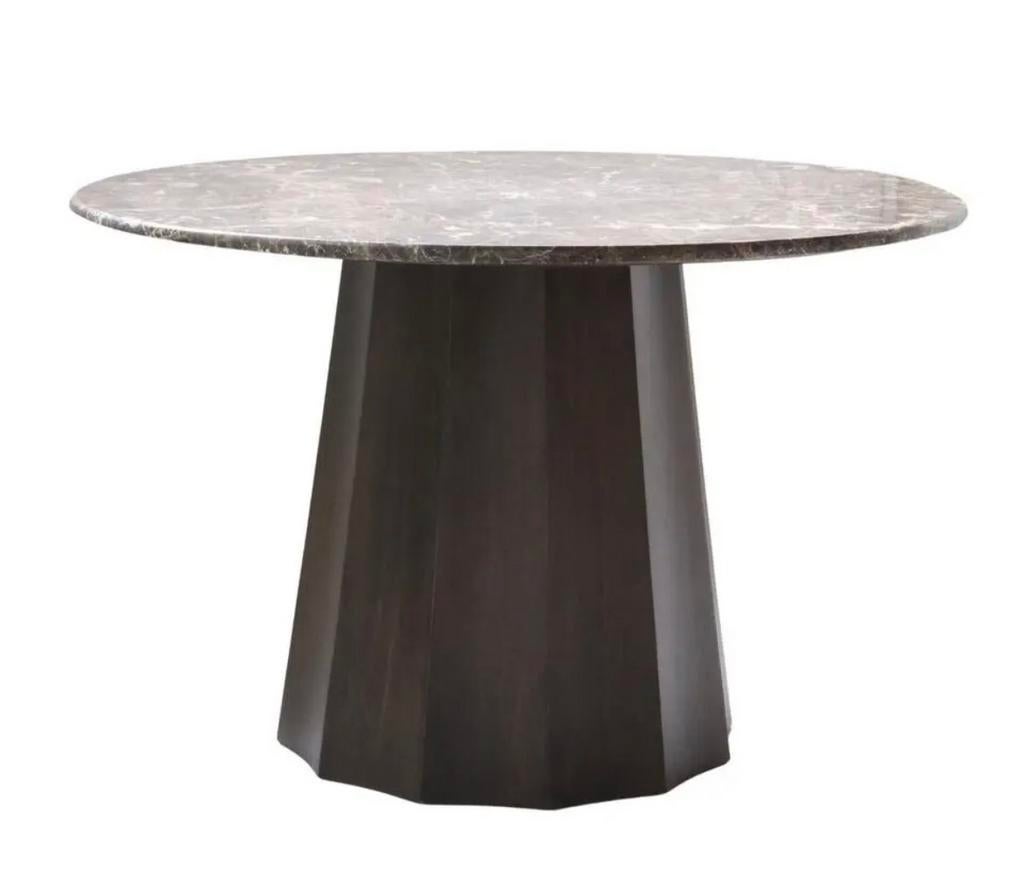 Ronde eettafel met natuursteen blad en houten kolom, Huis en Inrichting, Tafels | Eettafels, Ophalen, Overige materialen, 100 tot 150 cm