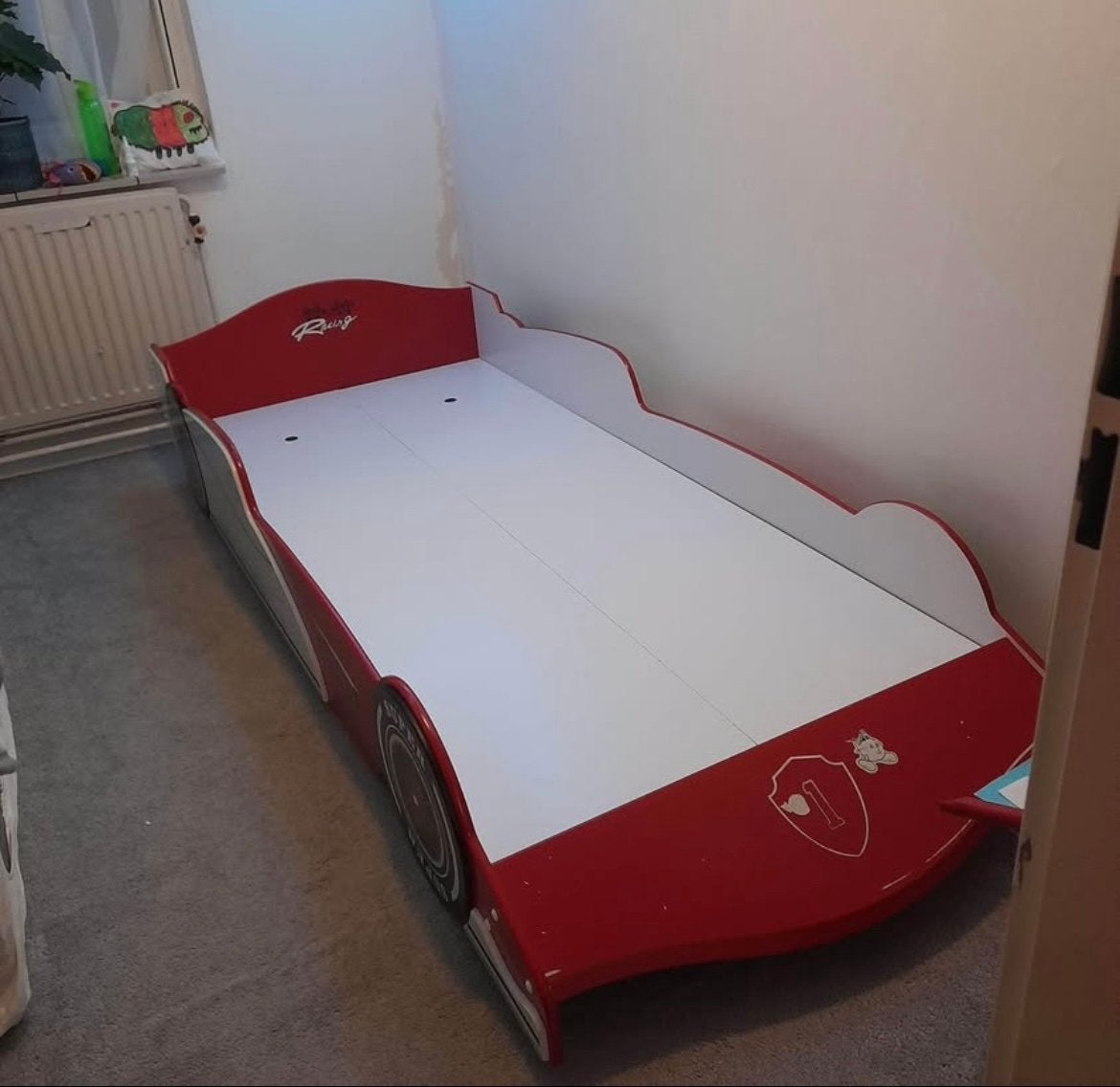 Kinderbed raceauto rood, Ophalen, 70 tot 85 cm, Zo goed als nieuw, Lattenbodem