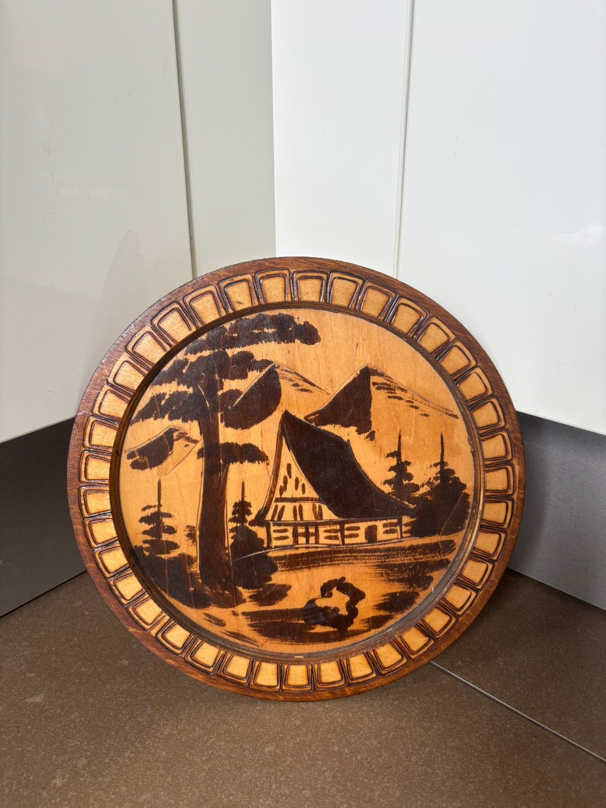 Vintage handgemaakt houten decoratief bord met pyrography, Ophalen of Verzenden