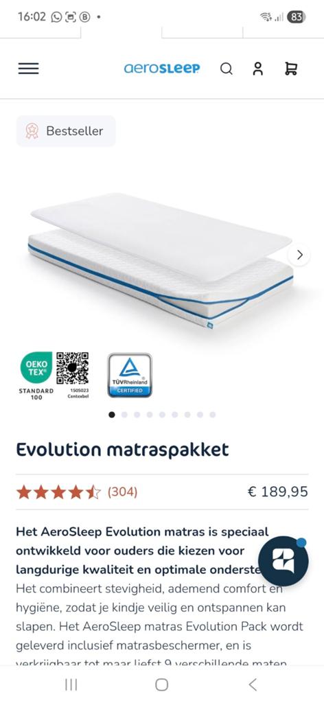 Aerosleep evolution matras + beschermer 120x60, Ophalen of Verzenden, Zo goed als nieuw, Minder dan 140 cm, Matras