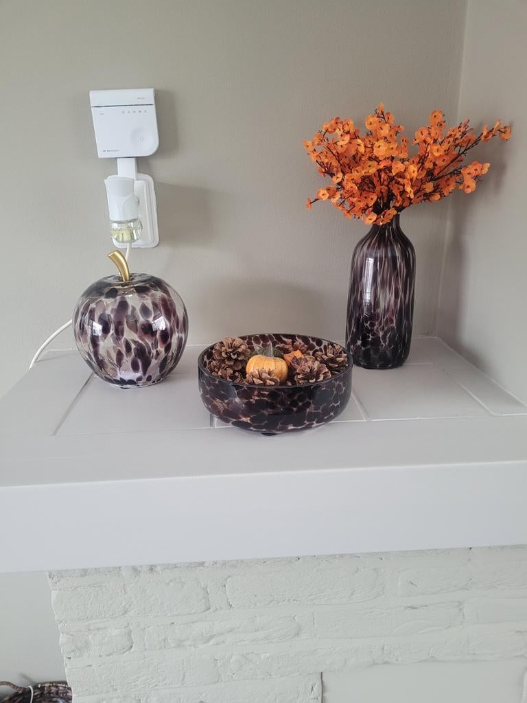 Decoratieve glazen set: vaas, schaal en appel, Ophalen of Verzenden, Zo goed als nieuw, Modern, Glas