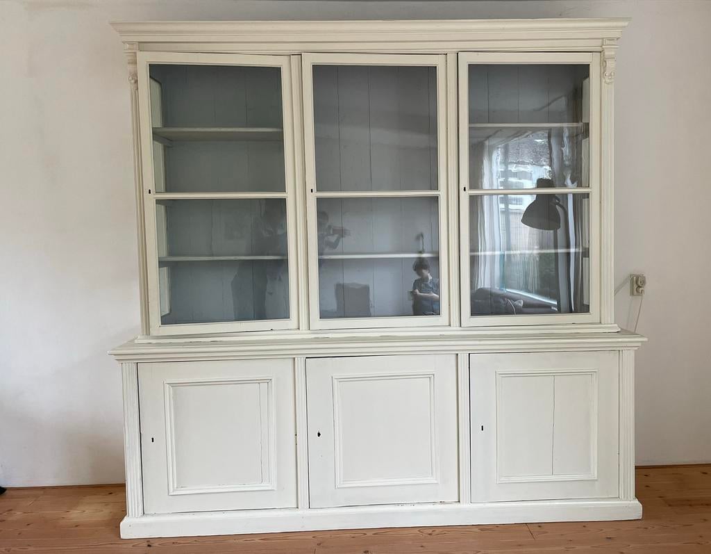 Vitrinekast, hout, wit, antiek glas, uniek exemplaar, Ophalen, 200 cm of meer, Grenenhout, 200 cm of meer