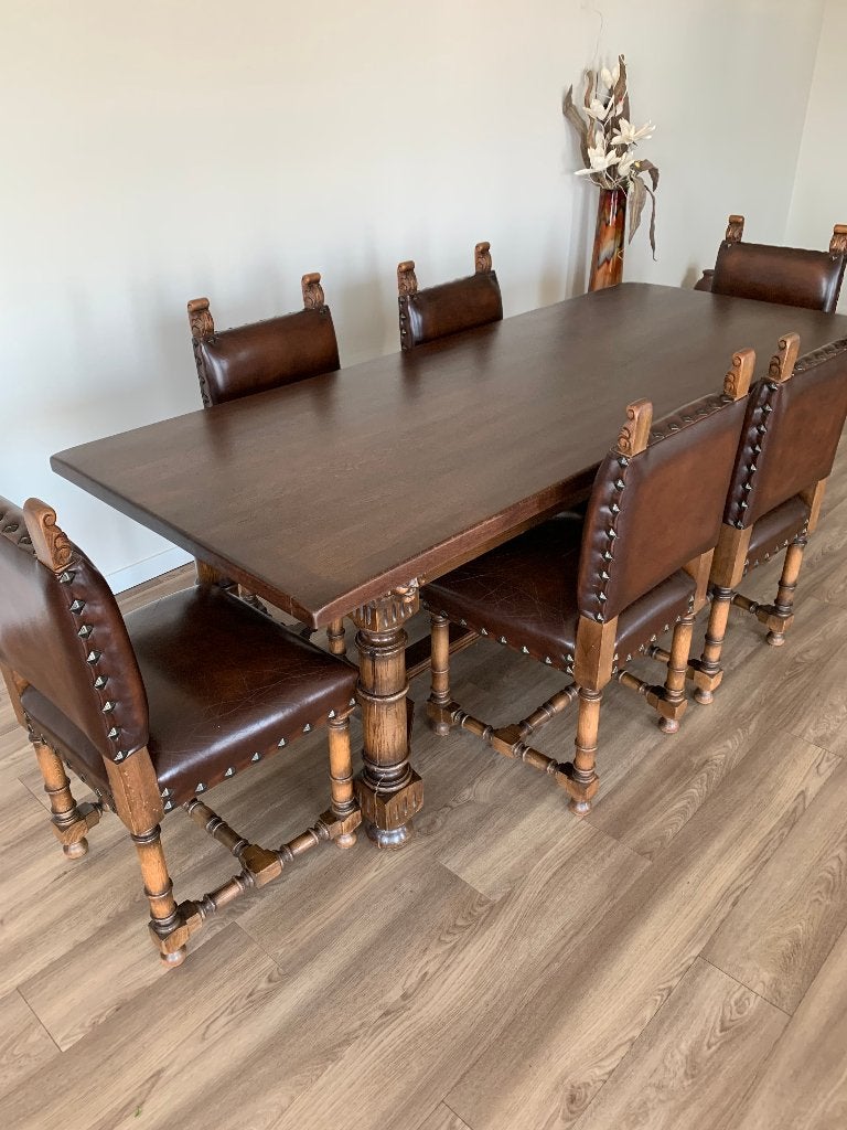Te koop zware antieke eiken eettafel + 6 bijpassende stoelen, Ophalen