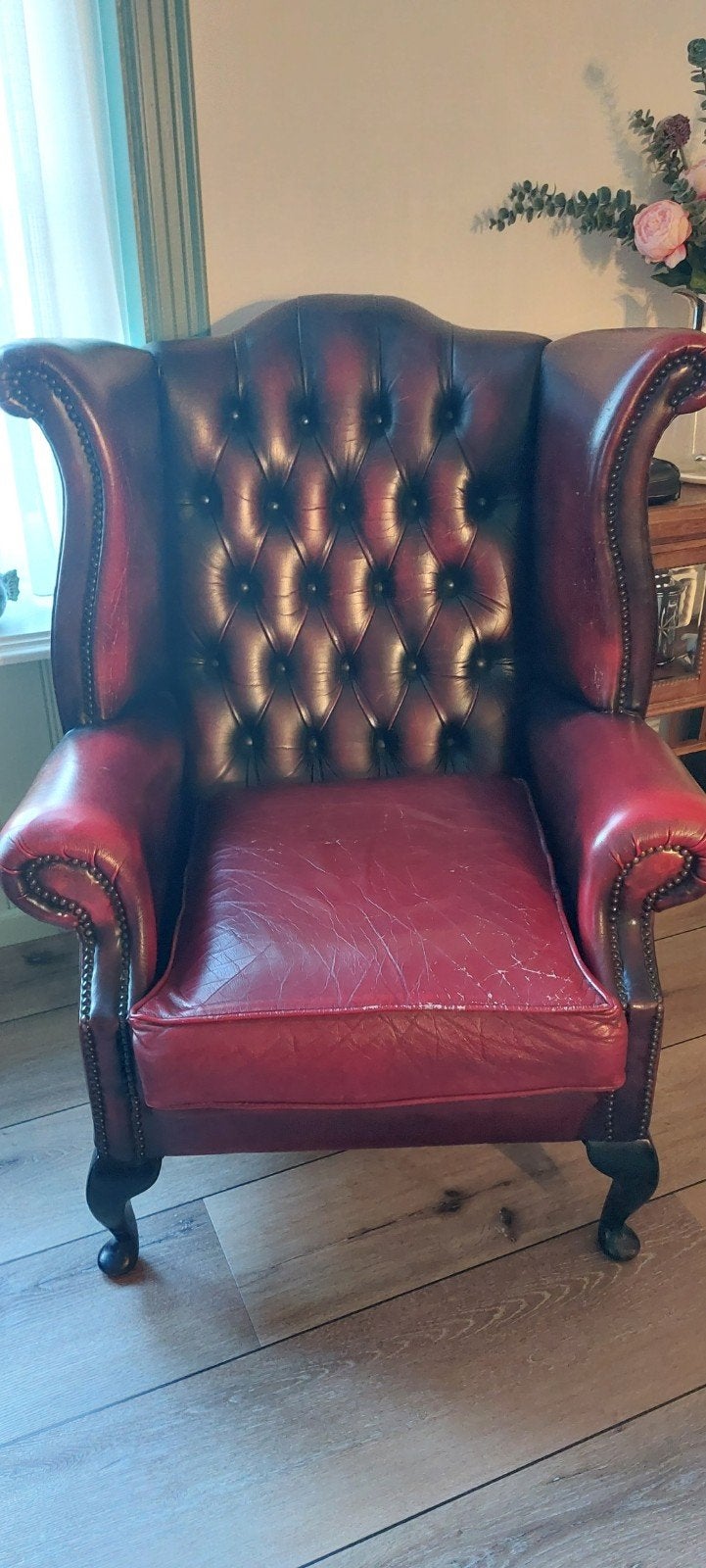 Antieke Chesterfield Wingchair - Rood Leer, Huis en Inrichting, Ophalen, Gebruikt, 75 tot 100 cm, Leer