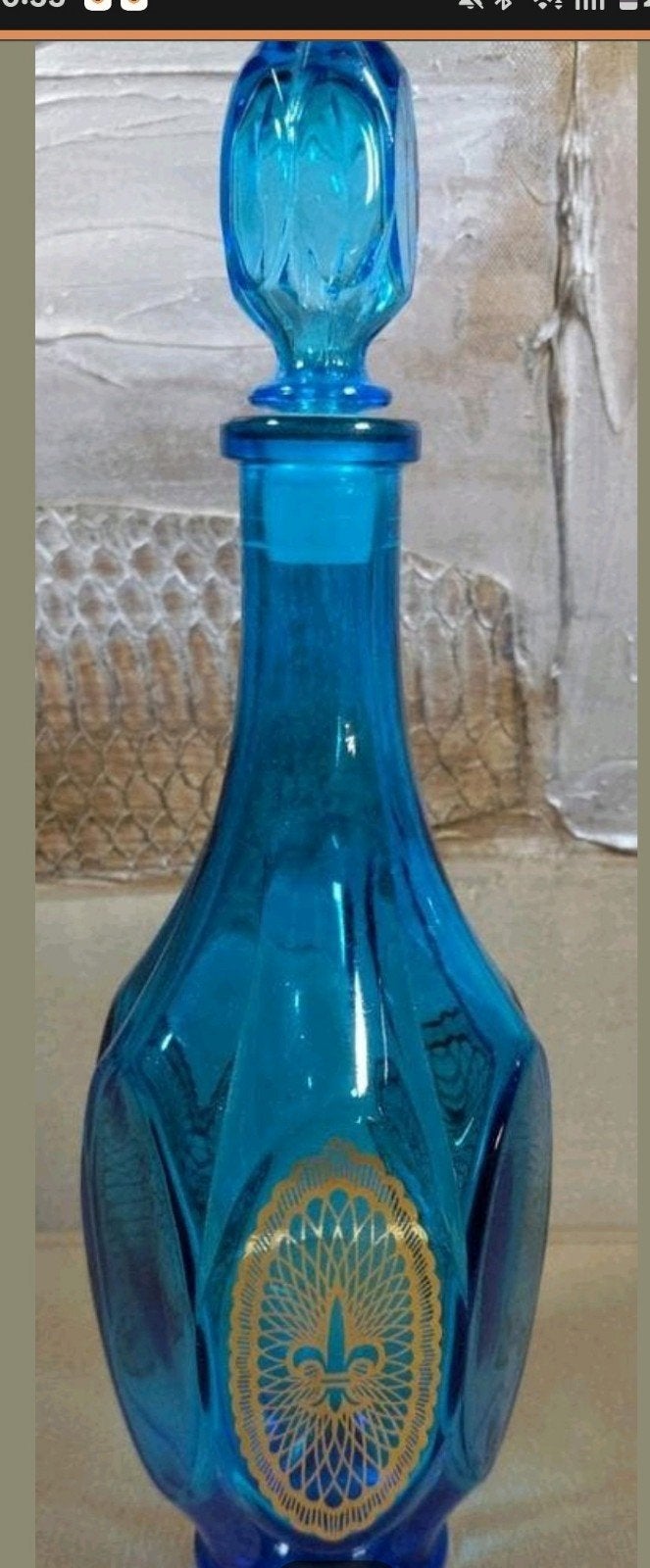Vintage Blauwe Glazen Karaf  Gouden Franse Lelie Decoratie, Verzenden, Zo goed als nieuw, Overige typen