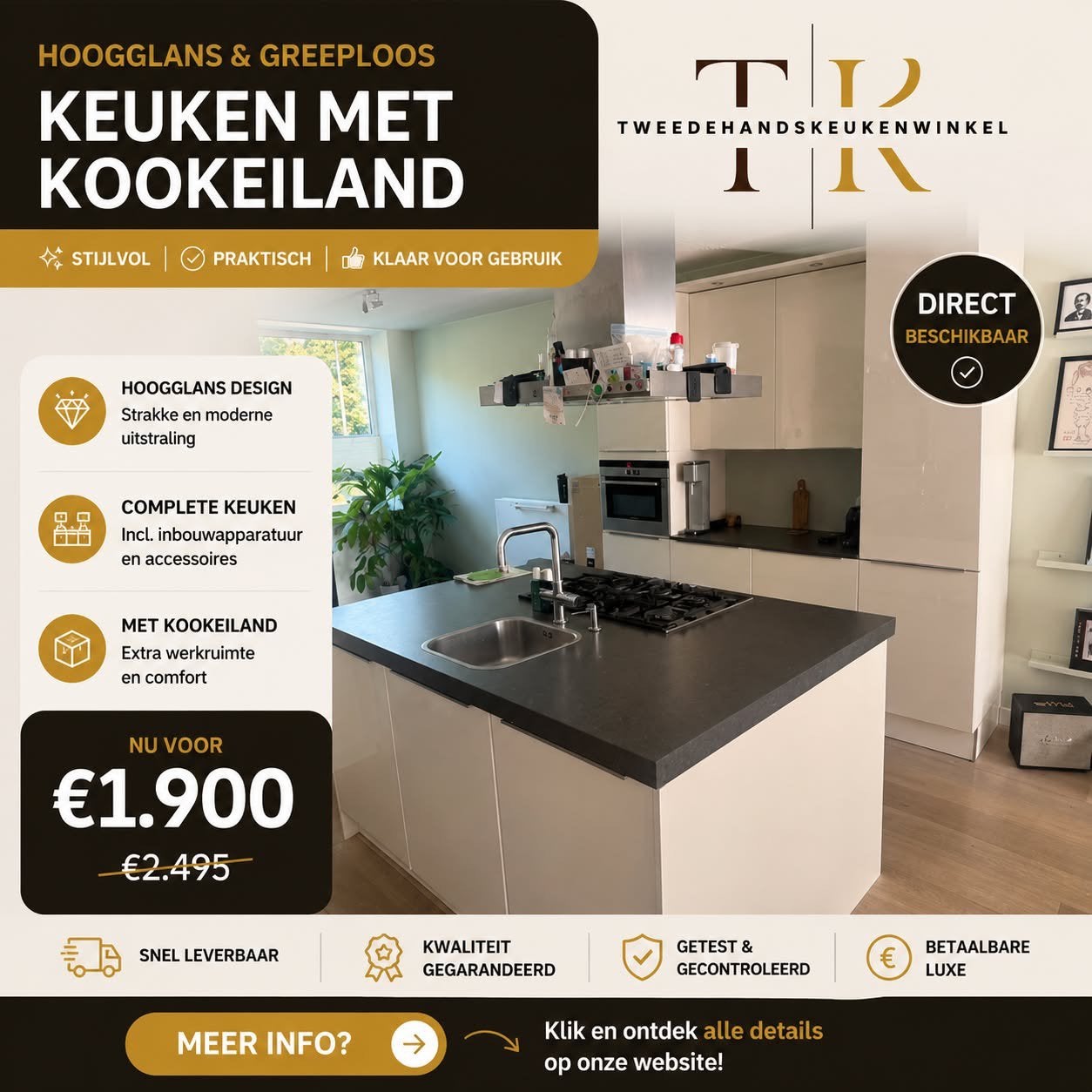 ✨ DESIGN KEUKEN MET KOOKEILAND +APPARATUUR   ✨, Ophalen, Wit, Met kookeiland, Dubbelwandige keuken