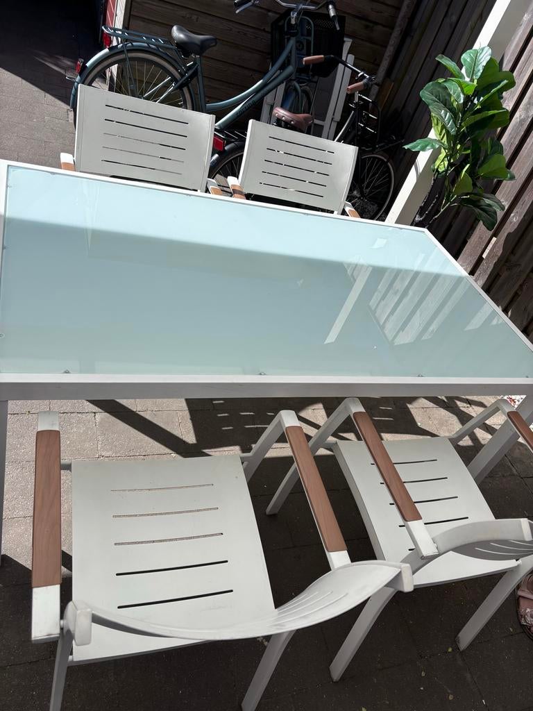 Witte tuinset met glazen tafel en 4 stoelen 160cmx90, 4 zitplaatsen, Gebruikt, Eettafel, Aluminium