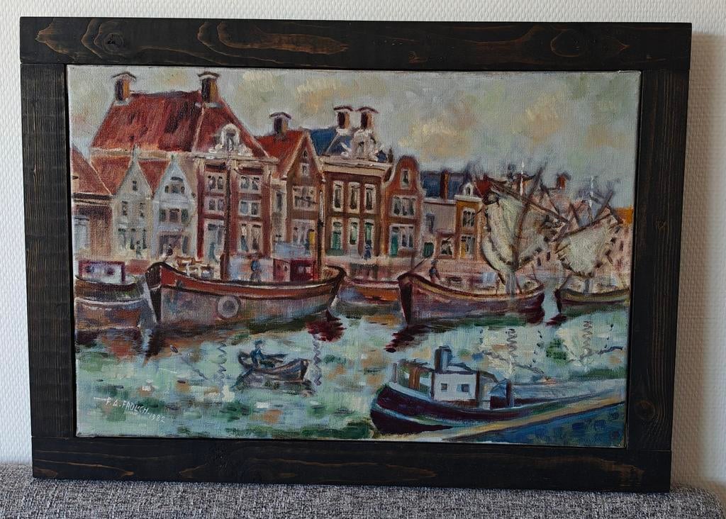 Schilderij van Harlingen. Noorderhaven. Schilder Frölich, Antiek en Kunst, Kunst | Schilderijen | Klassiek, Ophalen