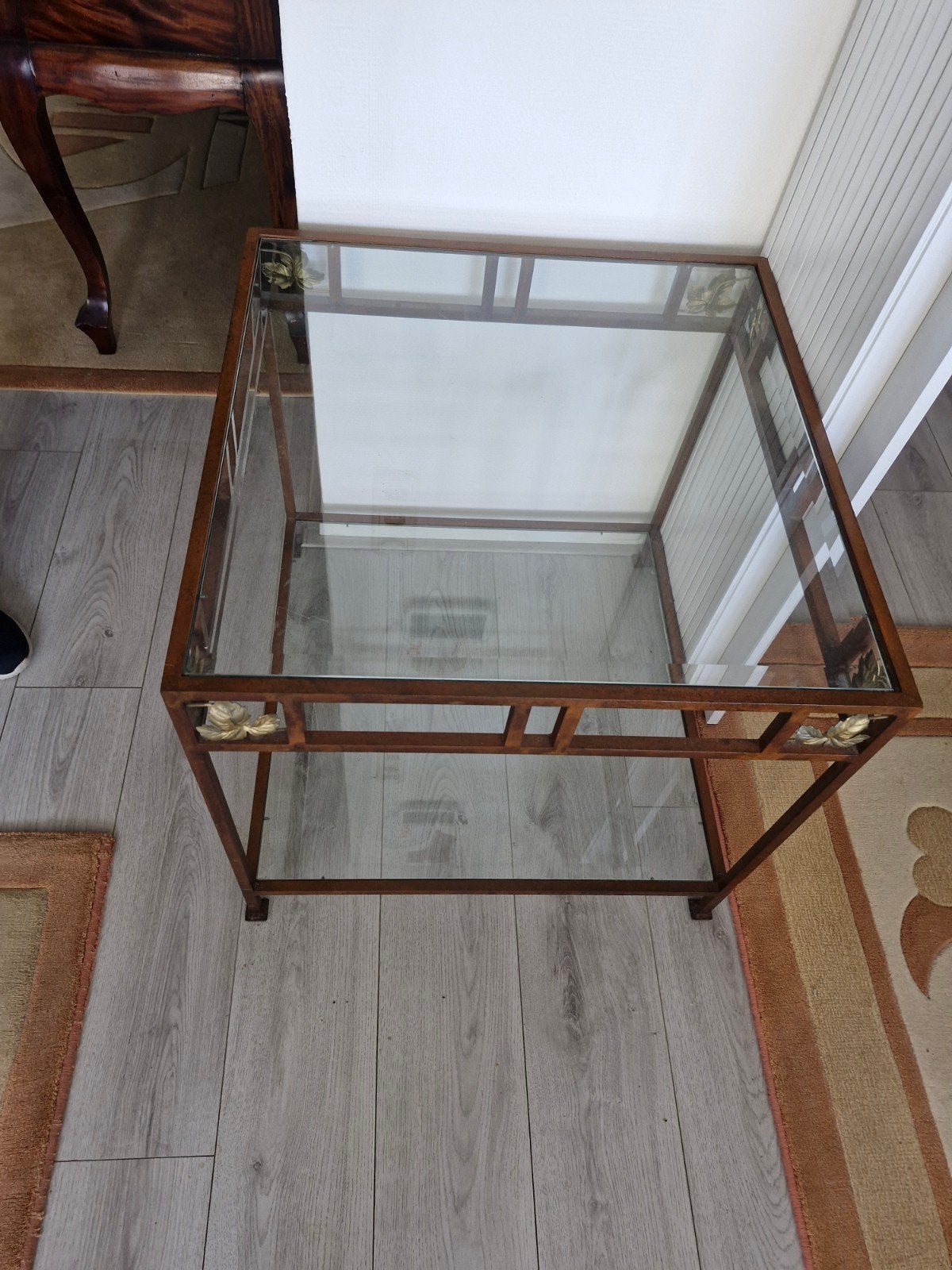 Set van 2 glazen tafels met bruin metalen frame, Ophalen, Gebruikt, Rechthoekig, Glas