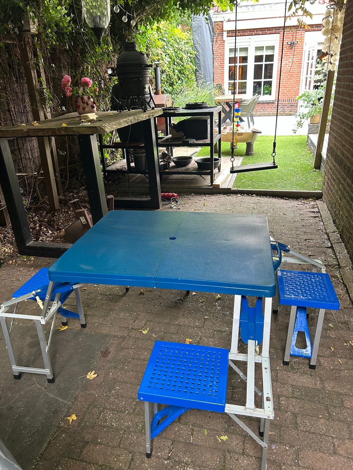 Inklapbare picknicktafel met 4 zitplaatsen - Blauw, Tuin en Terras, Picknicktafels, Ophalen, Overige materialen, Gebruikt, Inklapbaar