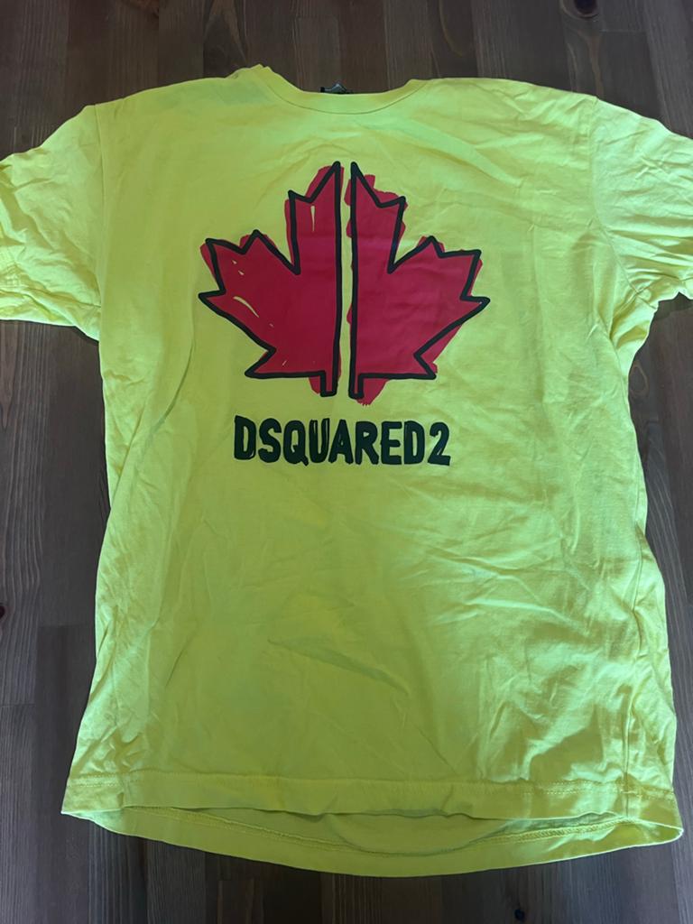 Dsquared2 geel T-shirt met esdoornblad, maat 16 jaar, Ophalen of Verzenden, Gebruikt, Jongen, Shirt of Longsleeve