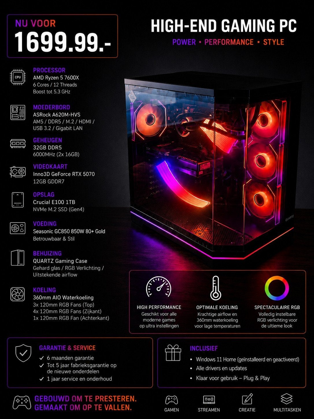 🔥RTX 5070 Gaming PC | Ryzen 7600X | 1TB SSD | 32GB DDR5🔥, Computers en Software, Desktop Pc's, Refurbished, 4 Ghz of meer, SSD