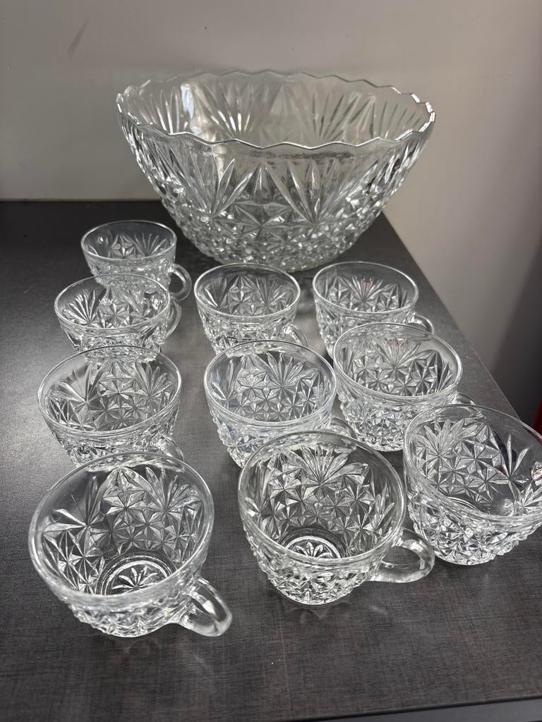 Glazen Bol Set met 10 Glazen - Vintage Punch Set, Ophalen of Verzenden
