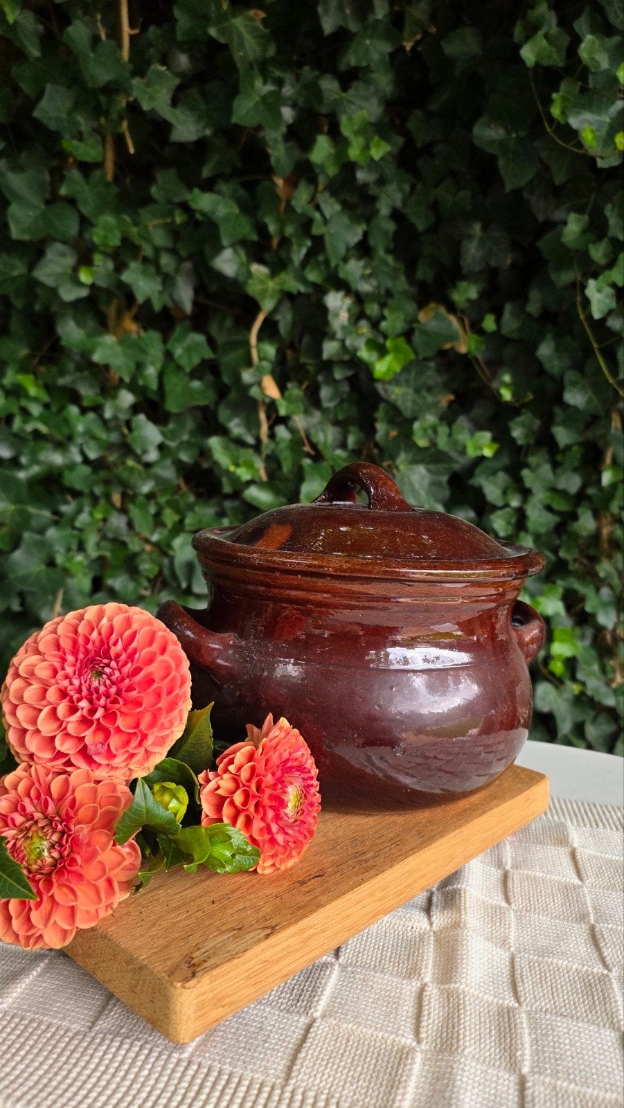 Vintage Aardewerken Bruine Pot met Deksel, ovenschaal, Gebruikt, Vintage, Pot, Bus of Blik, Ophalen of Verzenden