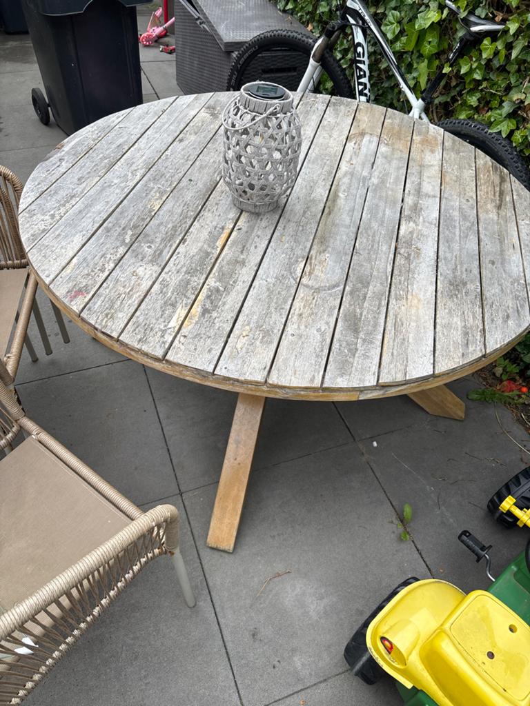 Ronde houten tuintafel - Gebruikt ZSM ophalen, Tuin en Terras, Ophalen, Gebruikt, Rond, Hout