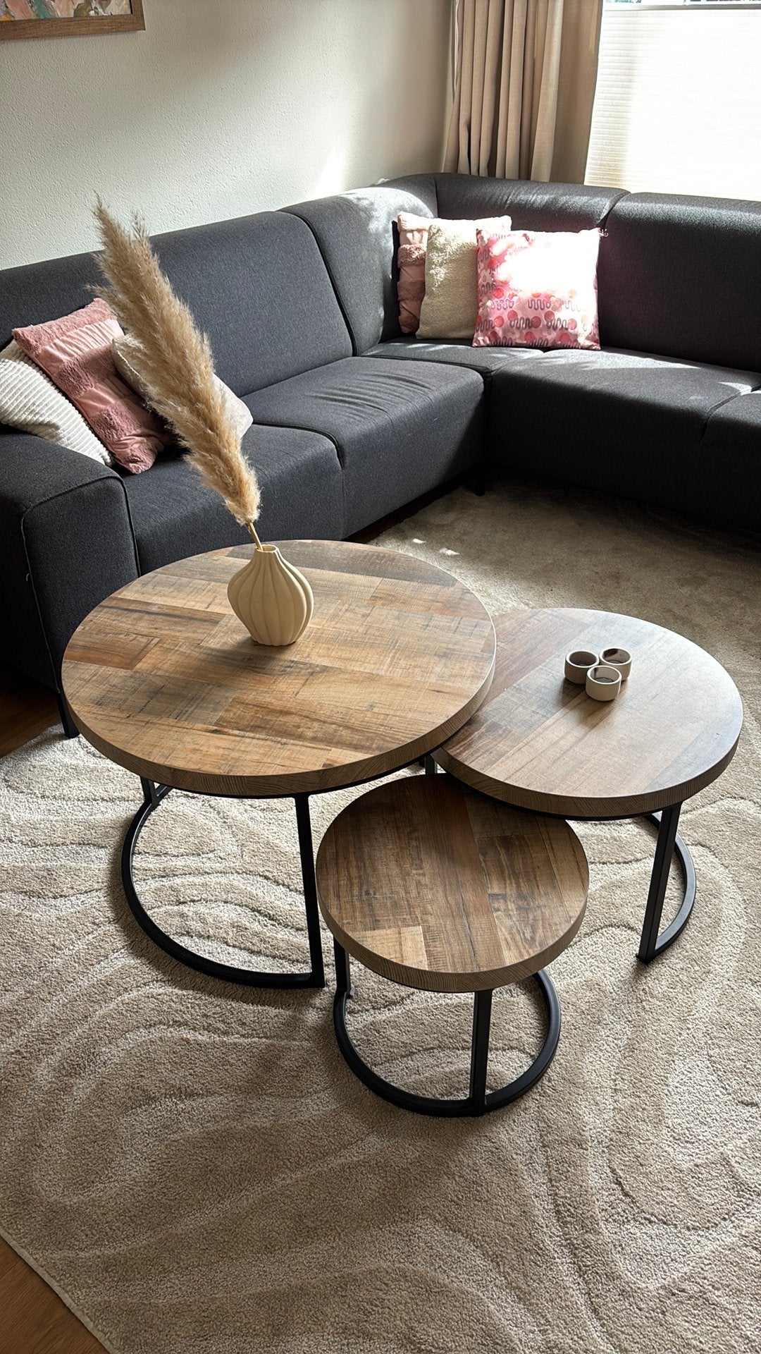 Salontafelset Hudson - 3 ronde tafels van hout en metaal, Huis en Inrichting, Ophalen, 50 – 75, Rond, 50 tot 100 cm