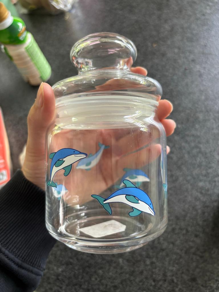 Glazen voorraadpot met dolfijnen decoratie, Glas, Ophalen of Verzenden, Zo goed als nieuw, Voorraadpot